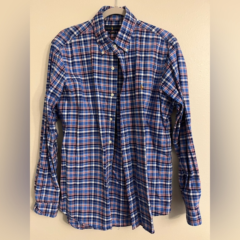Ralph Lauren Large Classic Fit Oxford button down. Red, white, blue plaid.